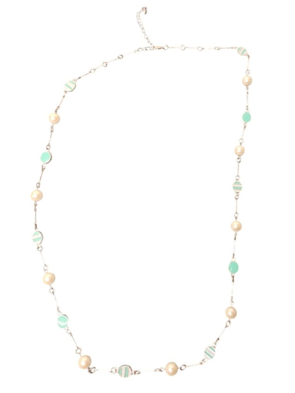 Glass Faux Pearl Teal and Blue Enameled Ovals Silvertone Chain Necklace 32-35 in